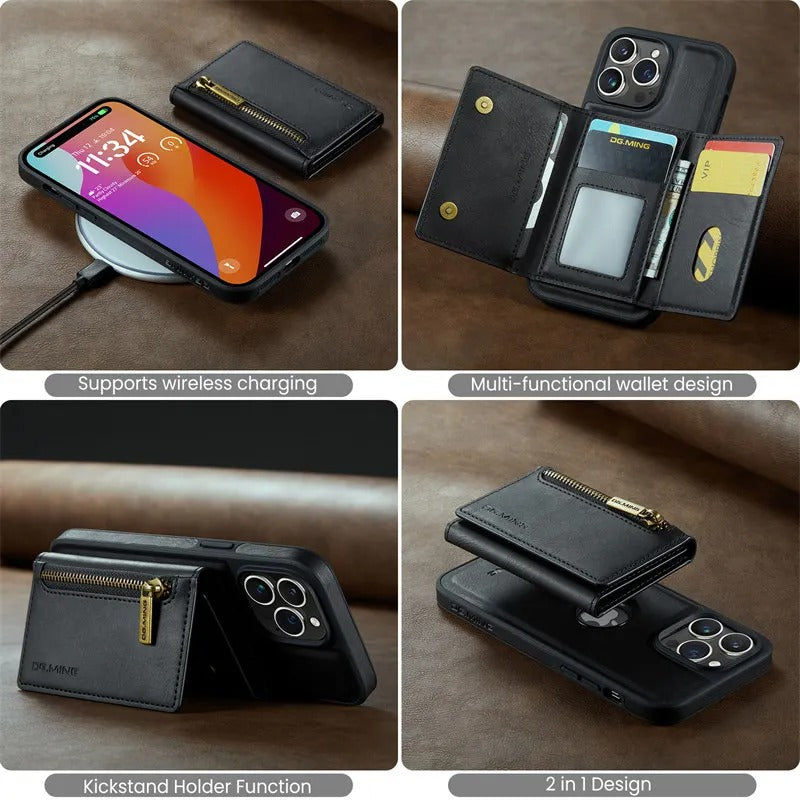 Luxury iPhone DG.Ming Magnetic Flip Leather Wallet Case — Zipper Card Holder Back Cover, Dual Layer Shockproof Design, Wireless Charging Compatible