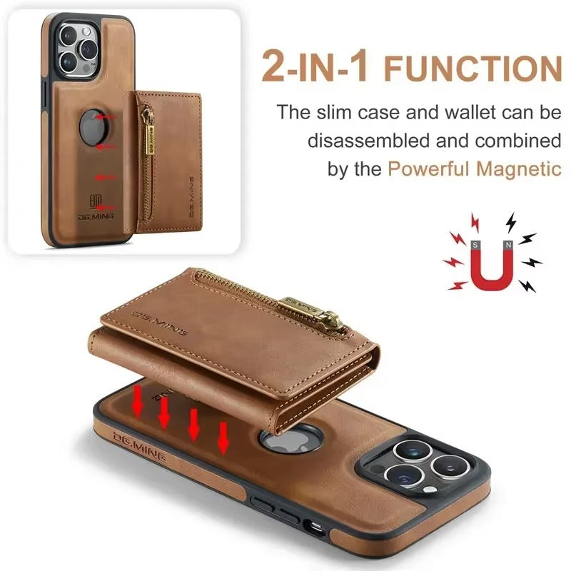 Luxury iPhone DG.Ming Magnetic Flip Leather Wallet Case — Zipper Card Holder Back Cover, Dual Layer Shockproof Design, Wireless Charging Compatible
