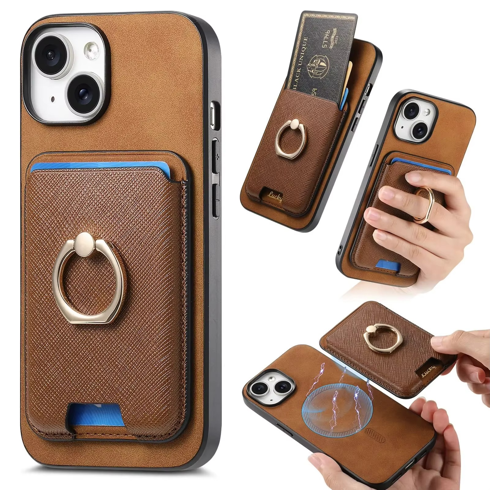 Luxury iPhone Detachable Magnetic Wallet Case — Leather Cover with Card Holder, Ring Stand Function, Shockproof Protection, Anti-Fingerprint Scratch-Resistant Design