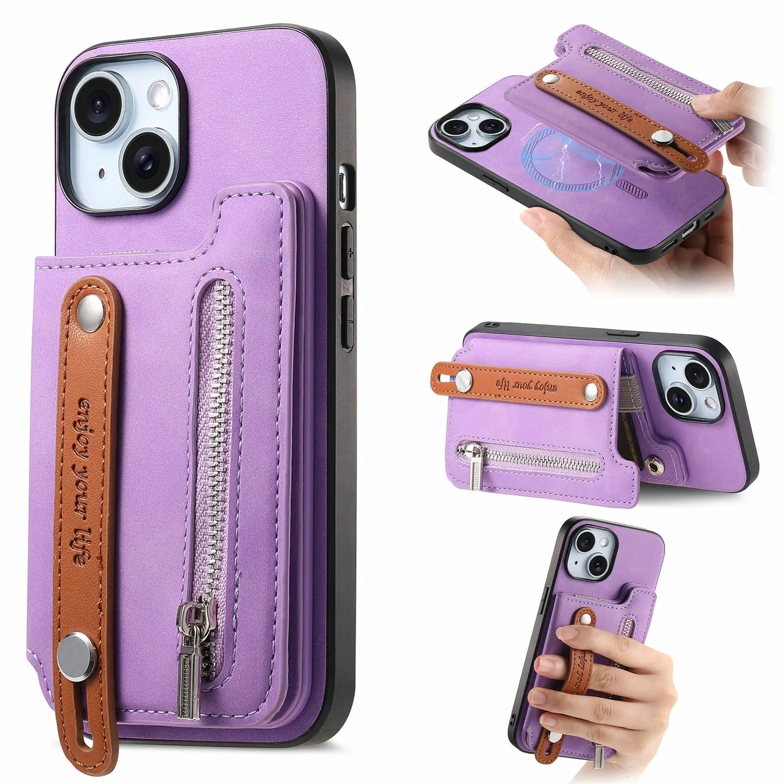 Luxury iPhone Detachable Zipper Wallet Case — Magnetic Flip Leather Cover with Card Slots, Wrist Strap, Kickstand Function, Full Body Shockproof Protection