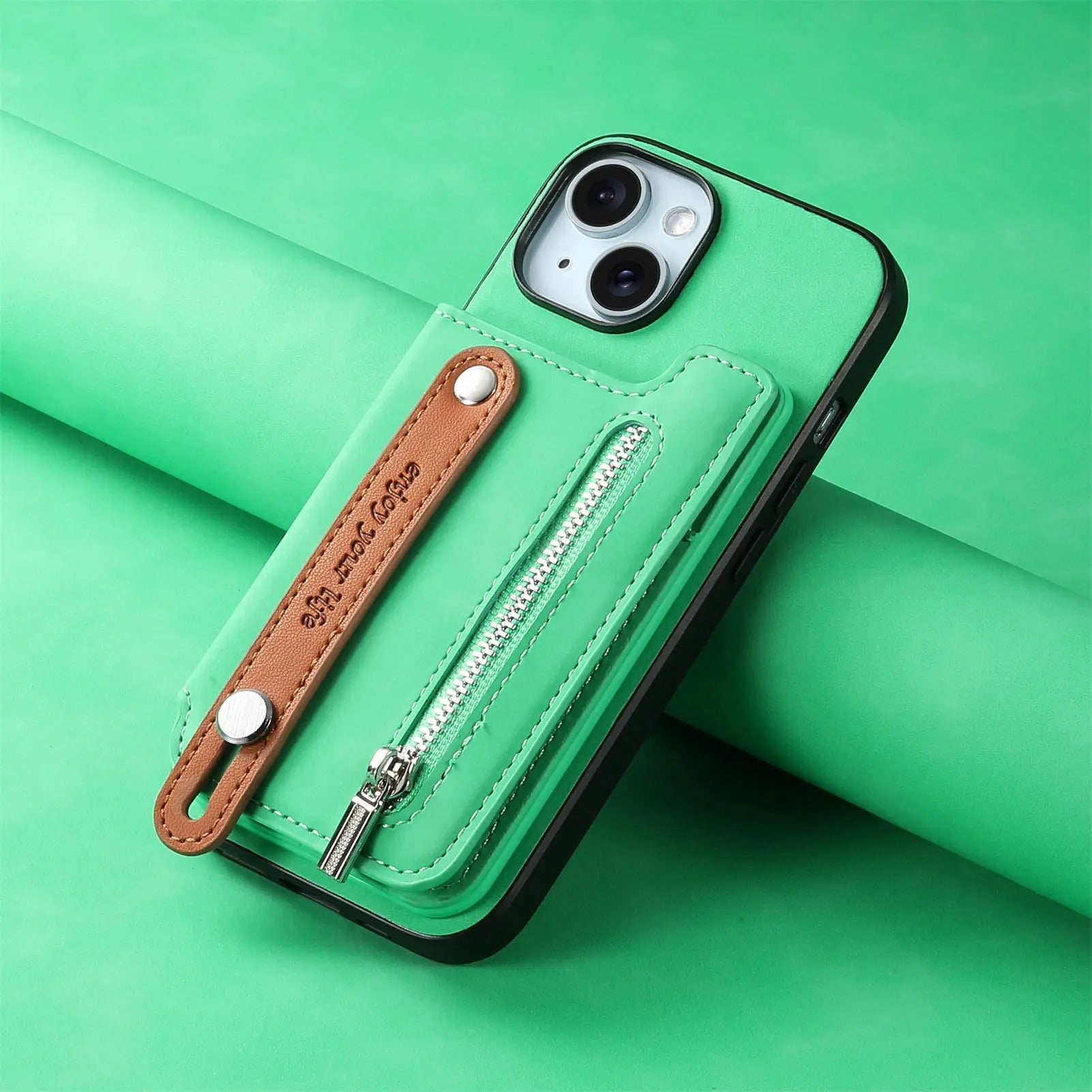 Luxury iPhone Detachable Zipper Wallet Case — Magnetic Flip Leather Cover with Card Slots, Wrist Strap, Kickstand Function, Full Body Shockproof Protection