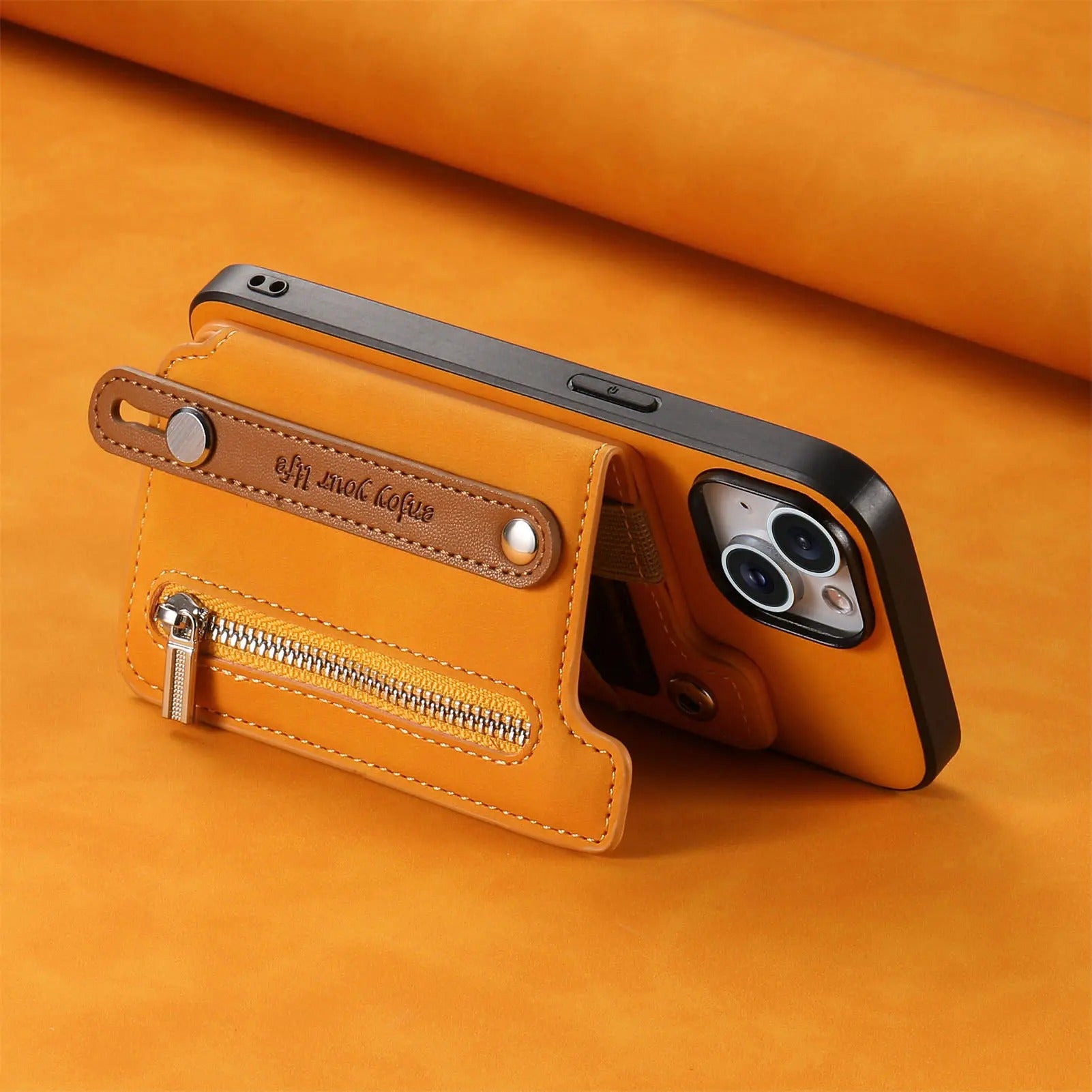 Luxury iPhone Detachable Zipper Wallet Case — Magnetic Flip Leather Cover with Card Slots, Wrist Strap, Kickstand Function, Full Body Shockproof Protection