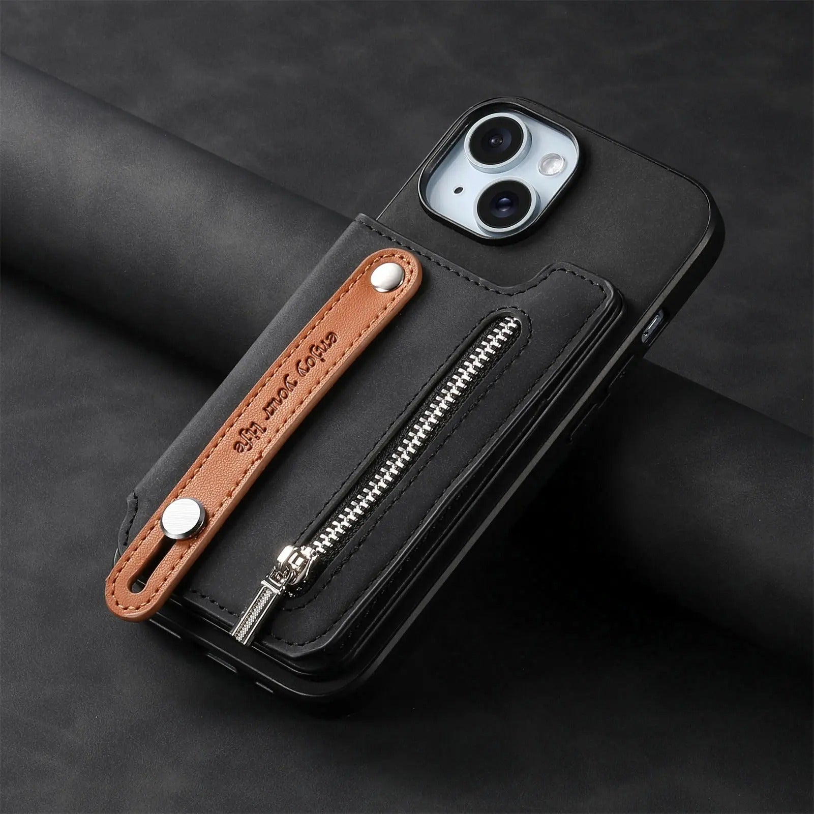 Luxury iPhone Detachable Zipper Wallet Case — Magnetic Flip Leather Cover with Card Slots, Wrist Strap, Kickstand Function, Full Body Shockproof Protection