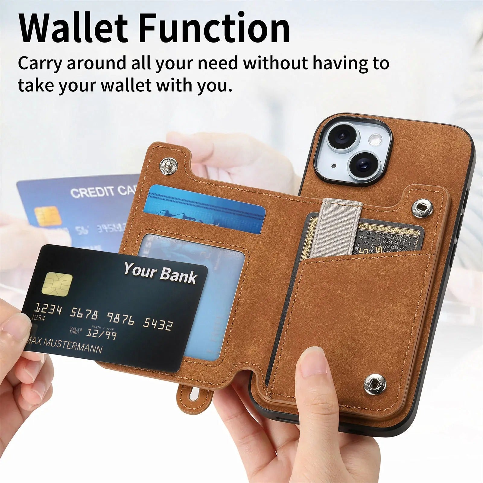 Luxury iPhone Detachable Zipper Wallet Case — Magnetic Flip Leather Cover with Card Slots, Wrist Strap, Kickstand Function, Full Body Shockproof Protection