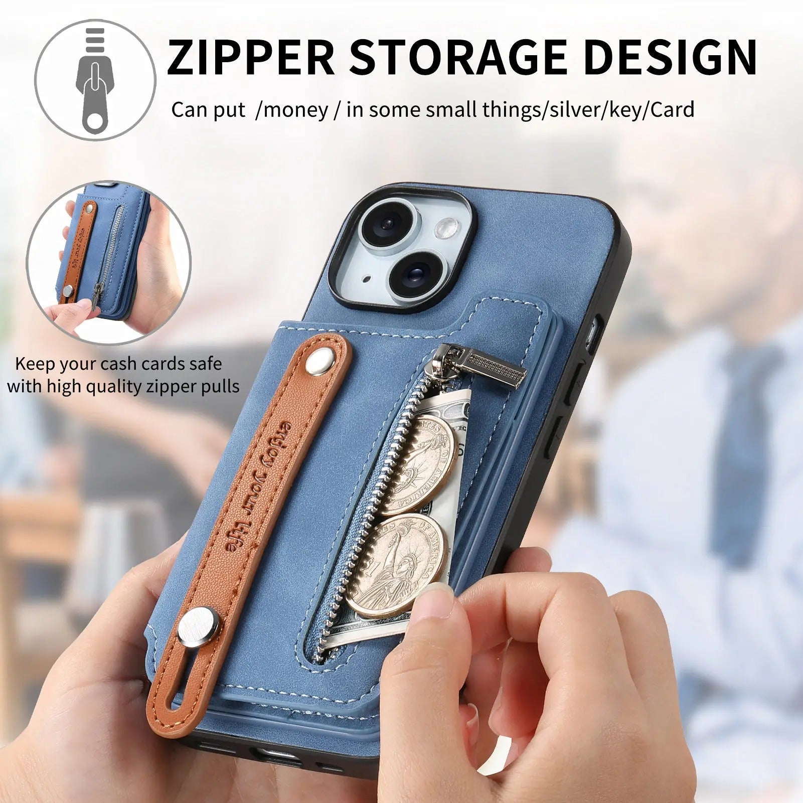 Luxury iPhone Detachable Zipper Wallet Case — Magnetic Flip Leather Cover with Card Slots, Wrist Strap, Kickstand Function, Full Body Shockproof Protection
