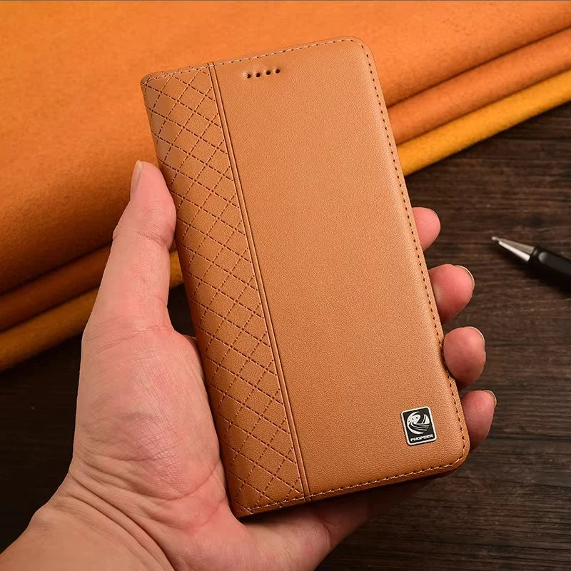 Luxury iPhone Flip Case Genuine Leather Cover — Magnetic Closure, Card Slot Holder, Business Style Design with Kickstand, Full Body Shockproof Protection