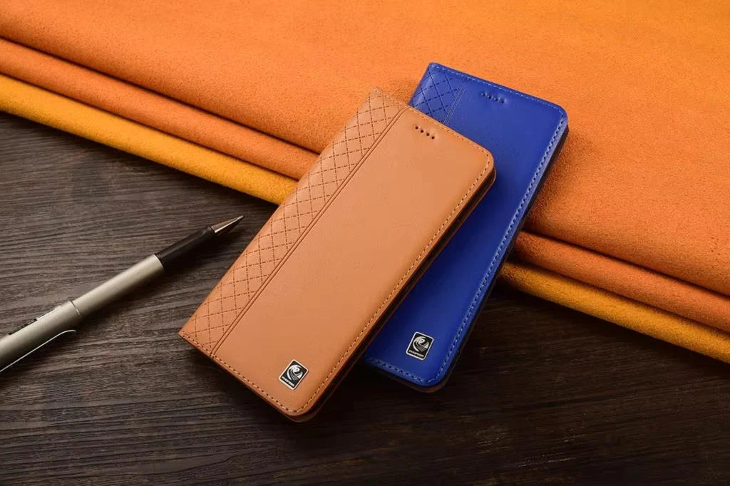 Luxury iPhone Flip Case Genuine Leather Cover — Magnetic Closure, Card Slot Holder, Business Style Design with Kickstand, Full Body Shockproof Protection