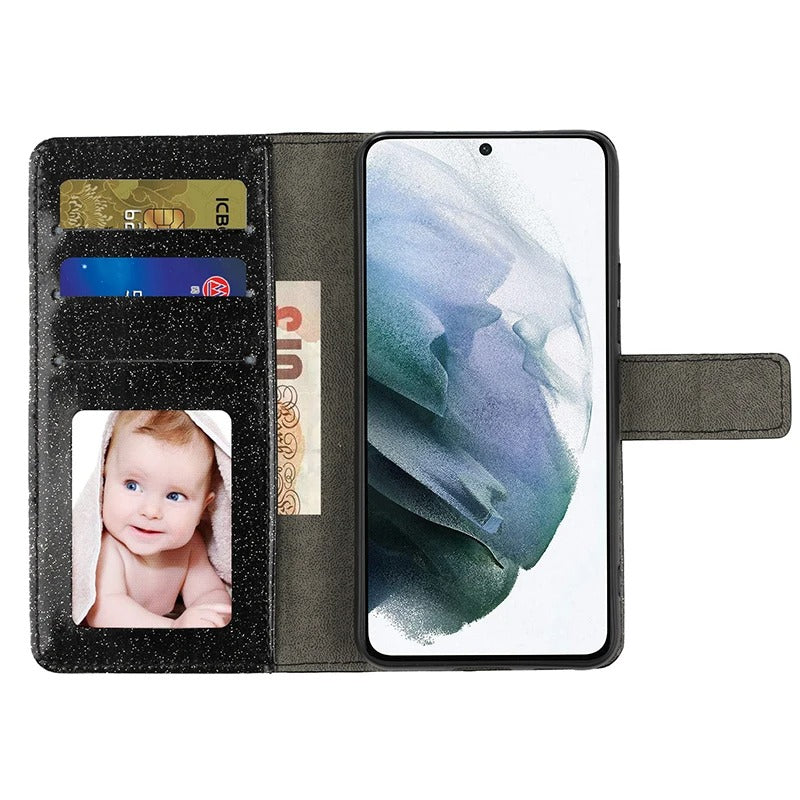 Luxury iPhone Flip Glitter Wallet Case — Bling Leather Book-Style Cover with Card Holder, Dual Layer Protection, Sparkling Design, Shockproof and Dustproof