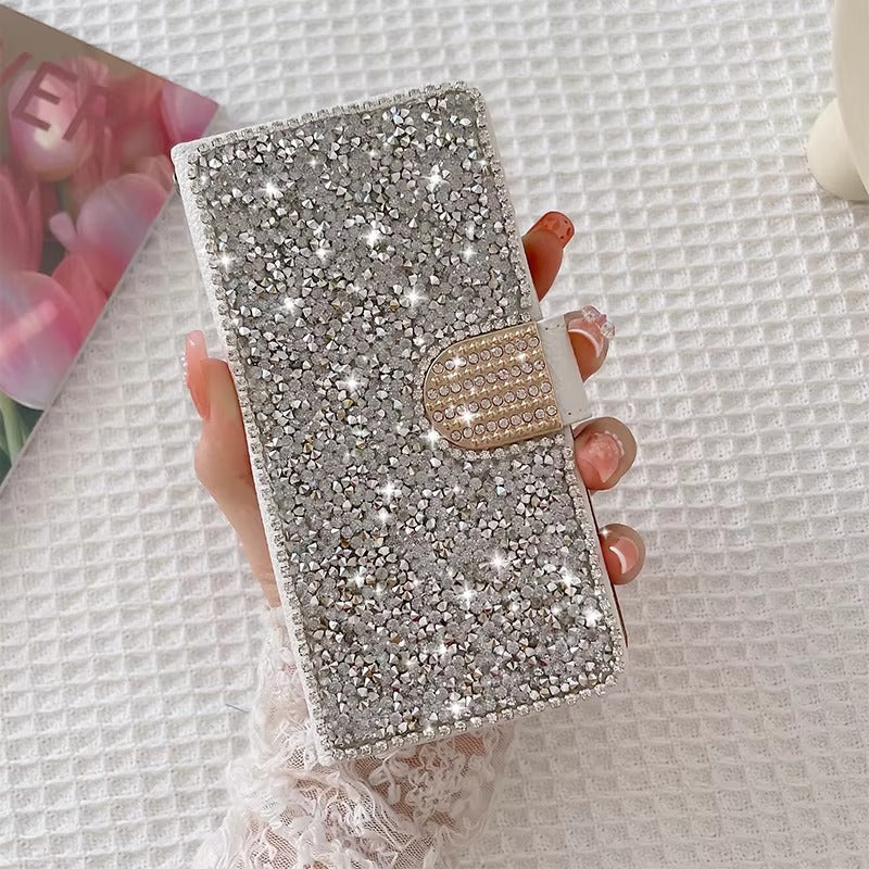 Luxury iPhone Glitter Wallet Flip Case — PU Leather Cover with Sparkling Design, Card Storage Compartment, Full Body Protection, Stylish and Durable