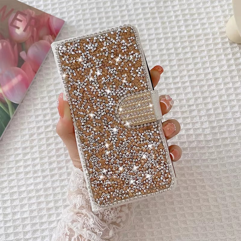 Luxury iPhone Glitter Wallet Flip Case — PU Leather Cover with Sparkling Design, Card Storage Compartment, Full Body Protection, Stylish and Durable