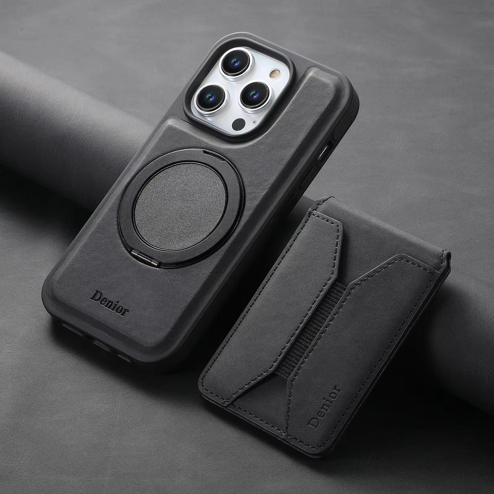 Luxury iPhone Leather Card Holder Case with 360° Ring Stand — MagSafe Compatible Magnetic Cover, Wireless Charging Support, Shockproof Anti-Fingerprint Protection