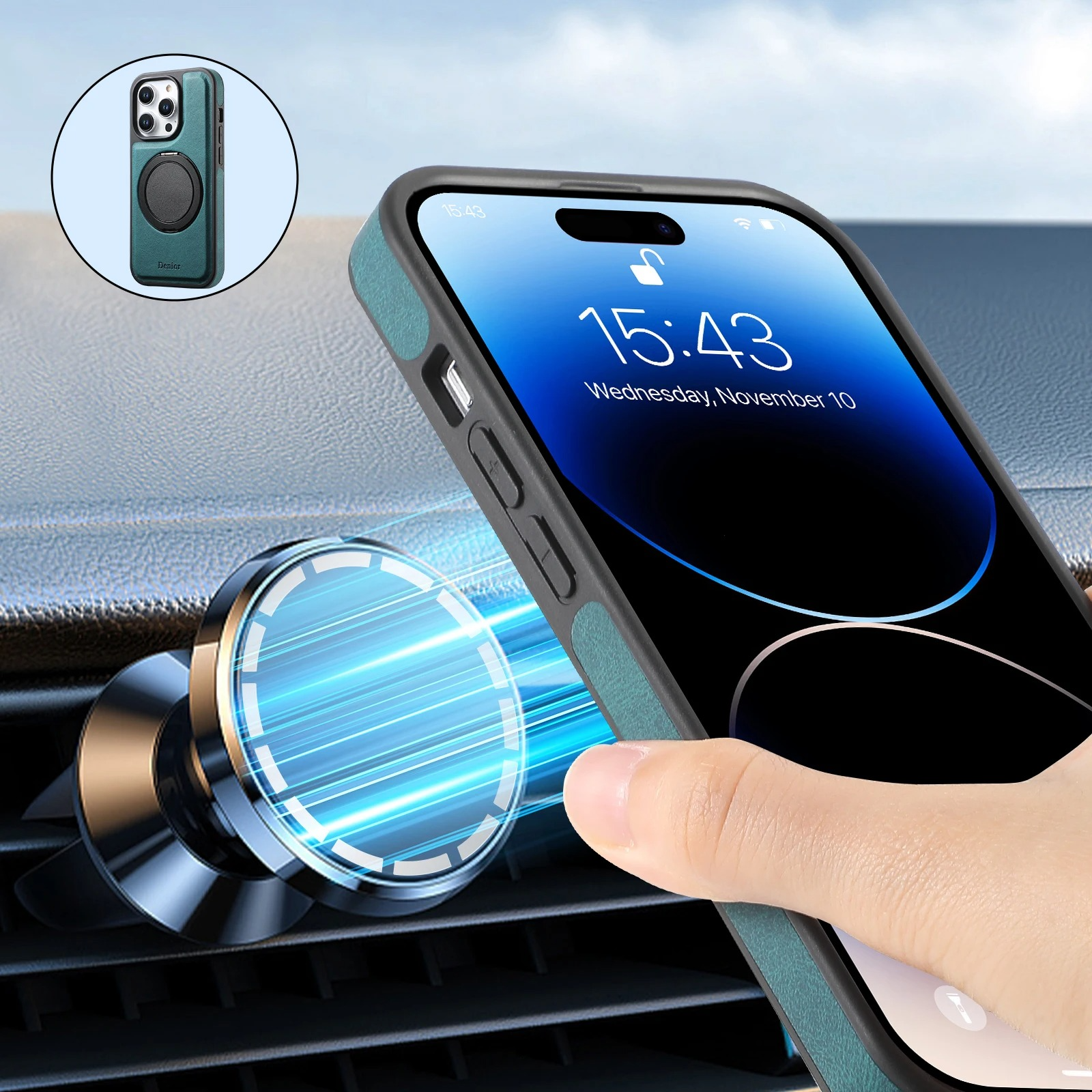 Luxury iPhone Leather Card Holder Case with 360° Ring Stand — MagSafe Compatible Magnetic Cover, Wireless Charging Support, Shockproof Anti-Fingerprint Protection