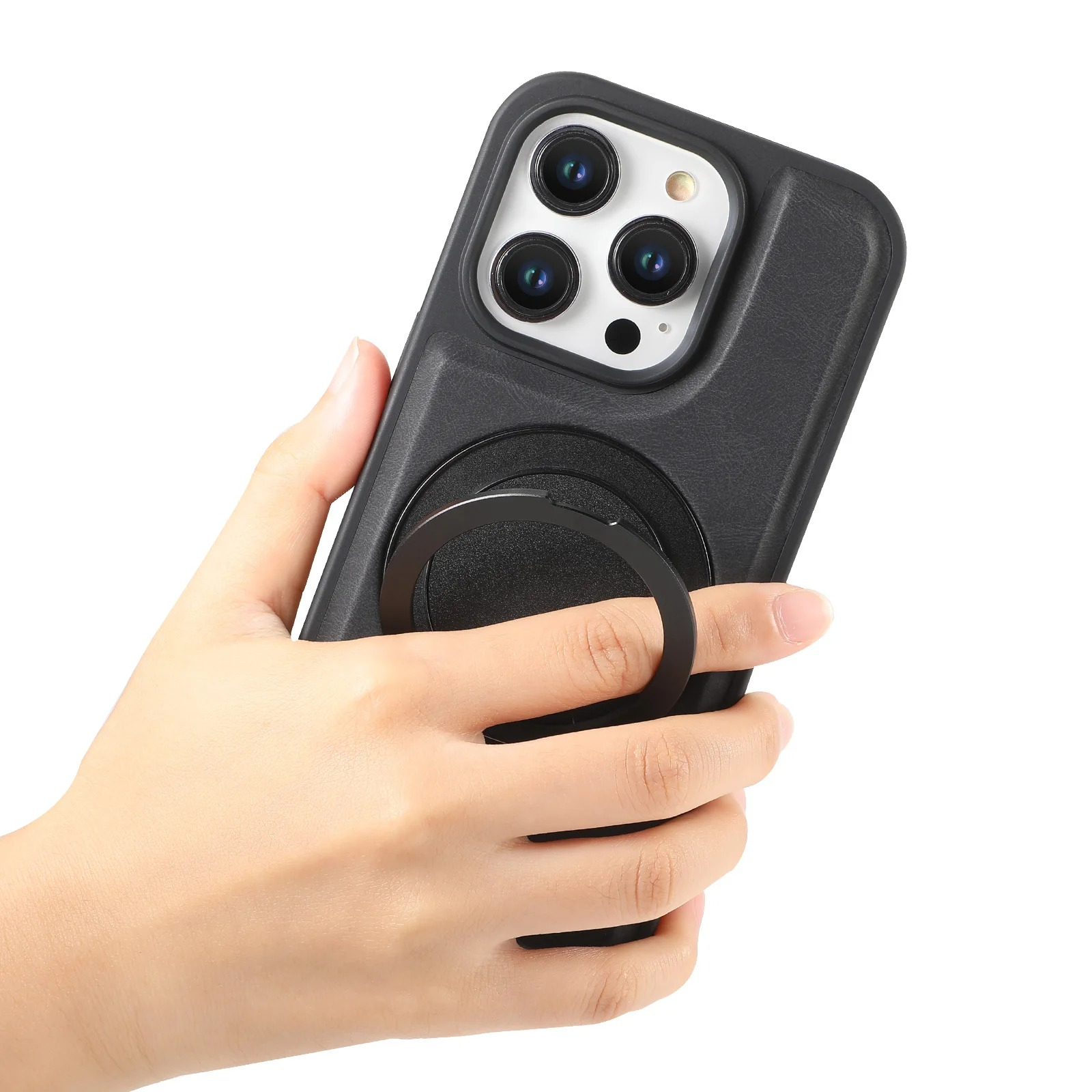 Luxury iPhone Leather Card Holder Case with 360° Ring Stand — MagSafe Compatible Magnetic Cover, Wireless Charging Support, Shockproof Anti-Fingerprint Protection