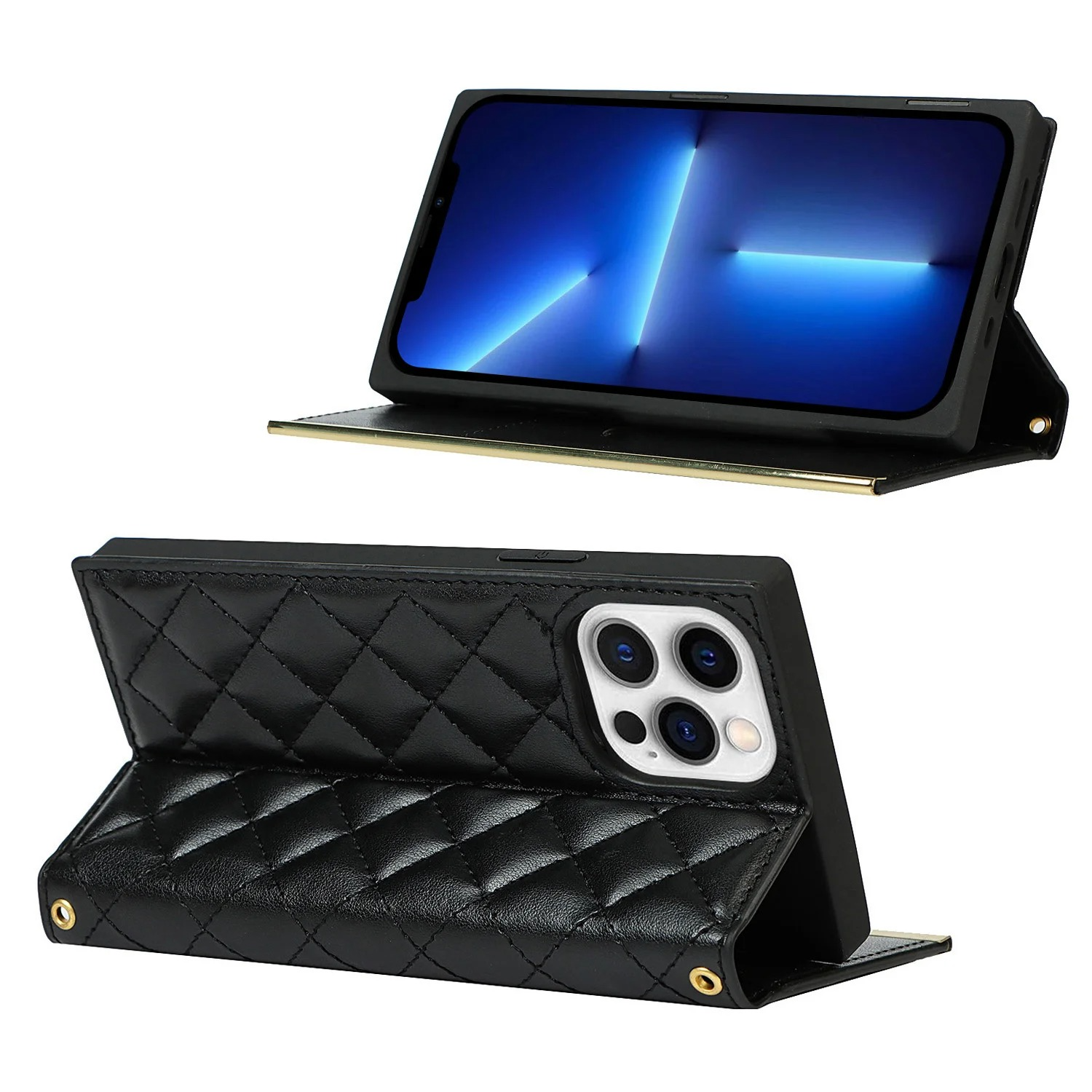 Luxury iPhone Leather Crossbody Wallet Case — PU Leather Cover with Card Holder, Chain Strap Lanyard, Kickstand Function, Shockproof Dustproof Protection