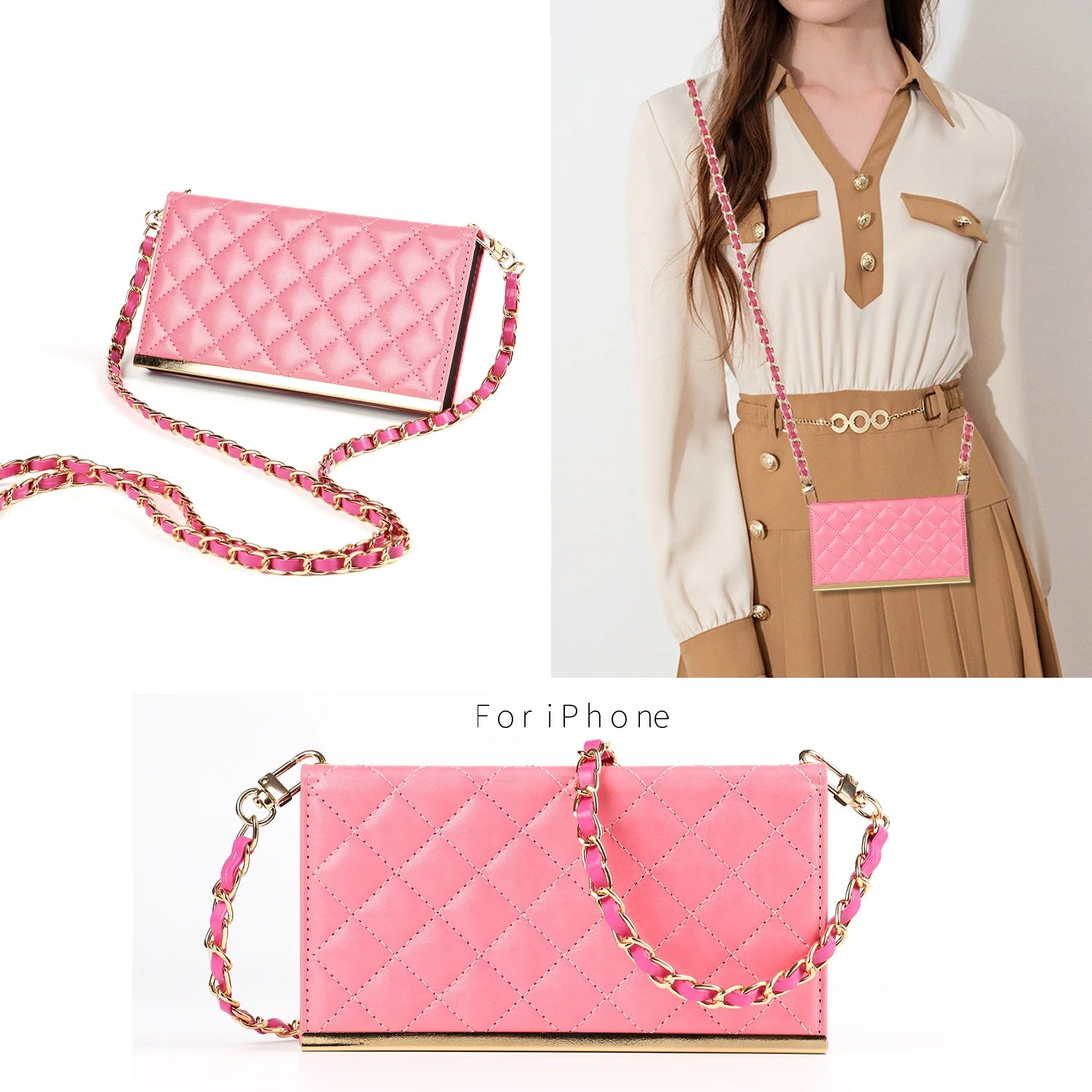 Luxury iPhone Leather Crossbody Wallet Case — PU Leather Cover with Card Holder, Chain Strap Lanyard, Kickstand Function, Shockproof Dustproof Protection