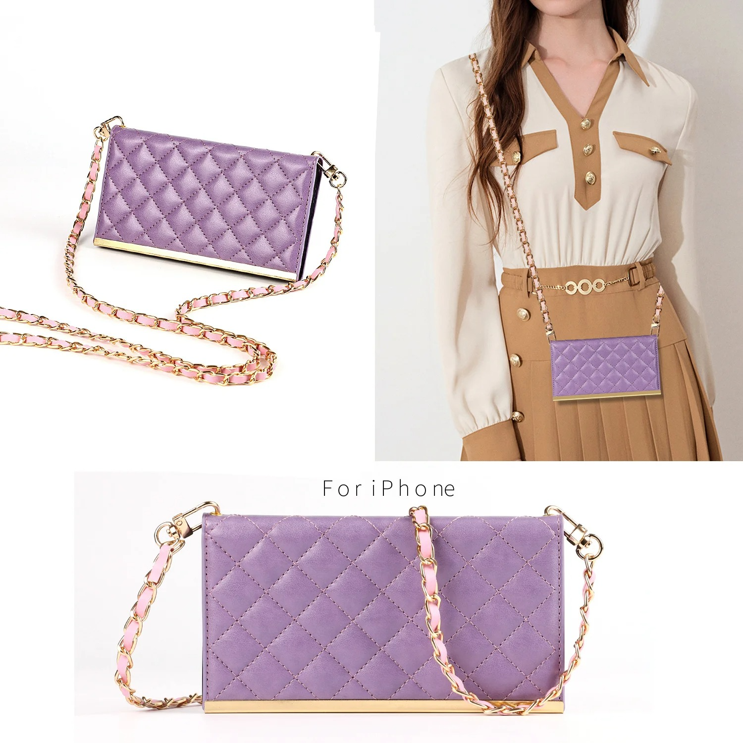 Luxury iPhone Leather Crossbody Wallet Case — PU Leather Cover with Card Holder, Chain Strap Lanyard, Kickstand Function, Shockproof Dustproof Protection