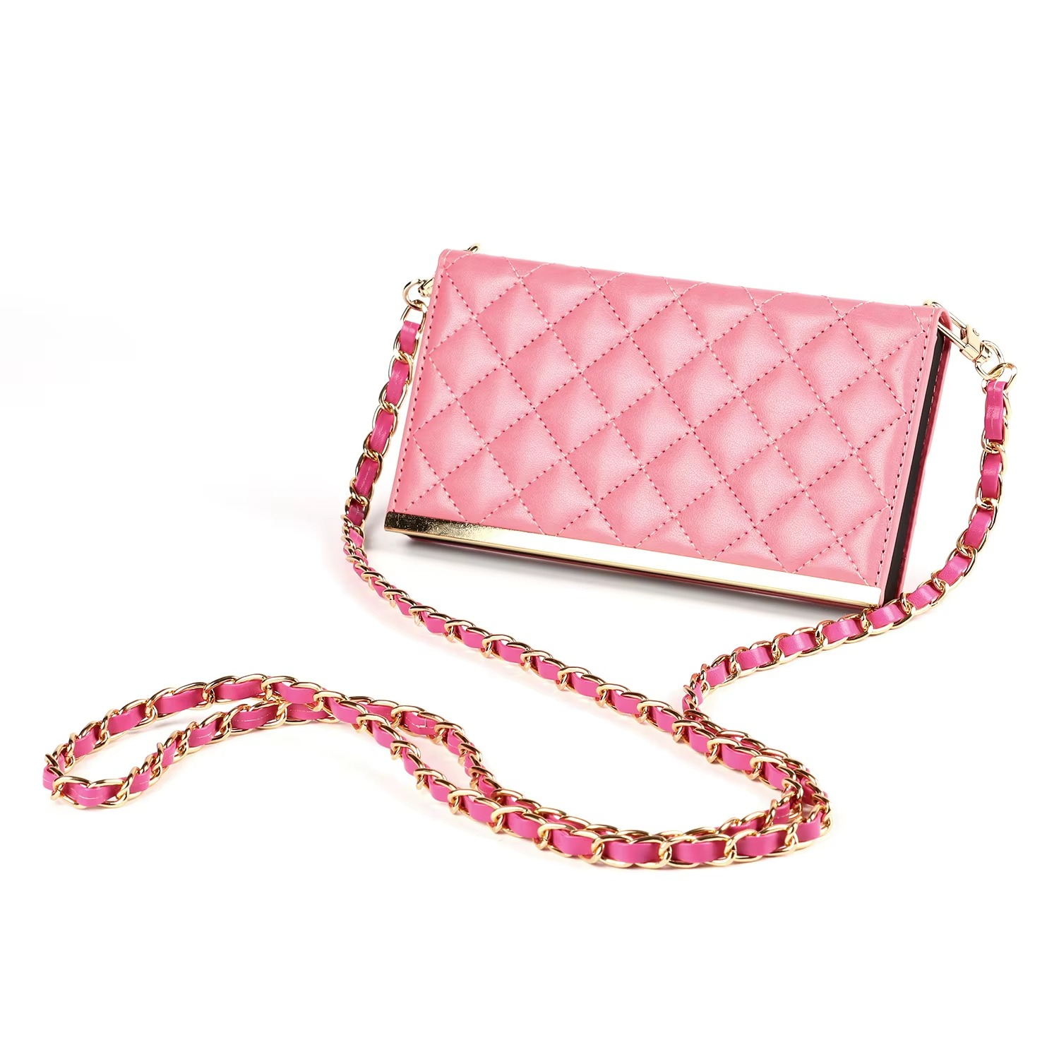 Luxury iPhone Leather Crossbody Wallet Case — PU Leather Cover with Card Holder, Chain Strap Lanyard, Kickstand Function, Shockproof Dustproof Protection