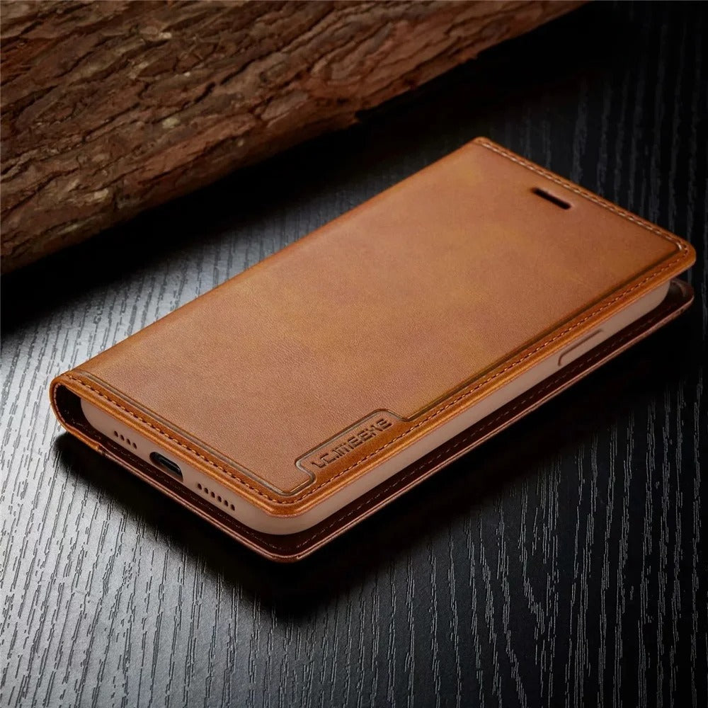 Luxury iPhone Leather Flip Case with Card & SIM Slots — Magnetic PU Leather Cover, Slim Folio Design, Full Body Protection, Lightweight and Stylish