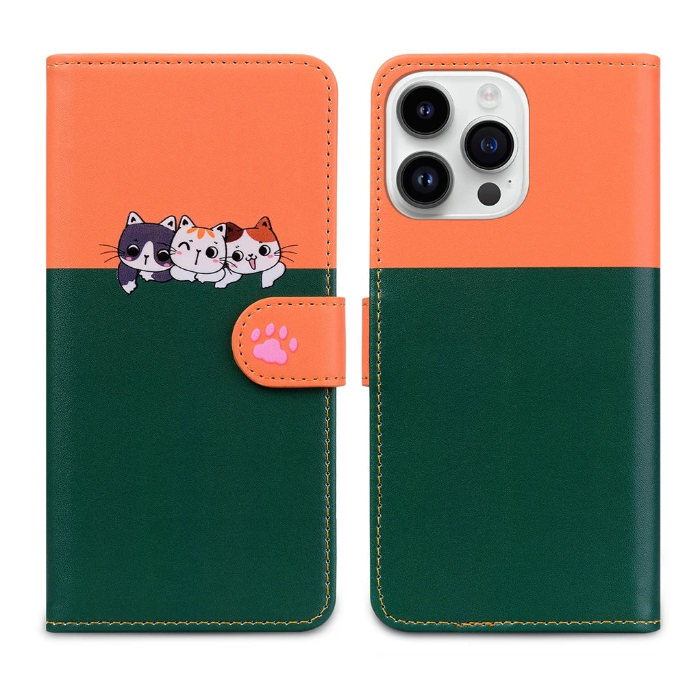 Luxury iPhone Leather Flip Wallet Case — Cute Cat Pet Design, Magnetic Cover with Card Holder, Stand Function, Shockproof Anti-Scratch Protection for Women