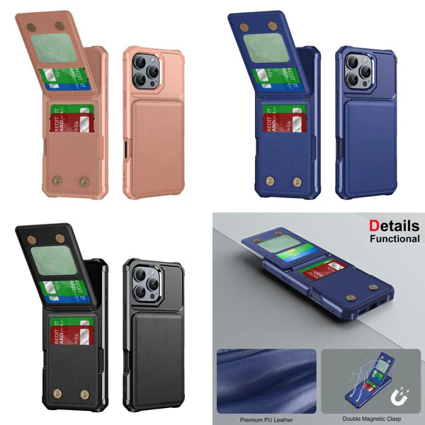 Luxury iPhone Leather Wallet Case with Card Holder — Hard Back Cover, Built-In Bracket Stand, Slim Protective Design, Stylish Full Body Phone Case