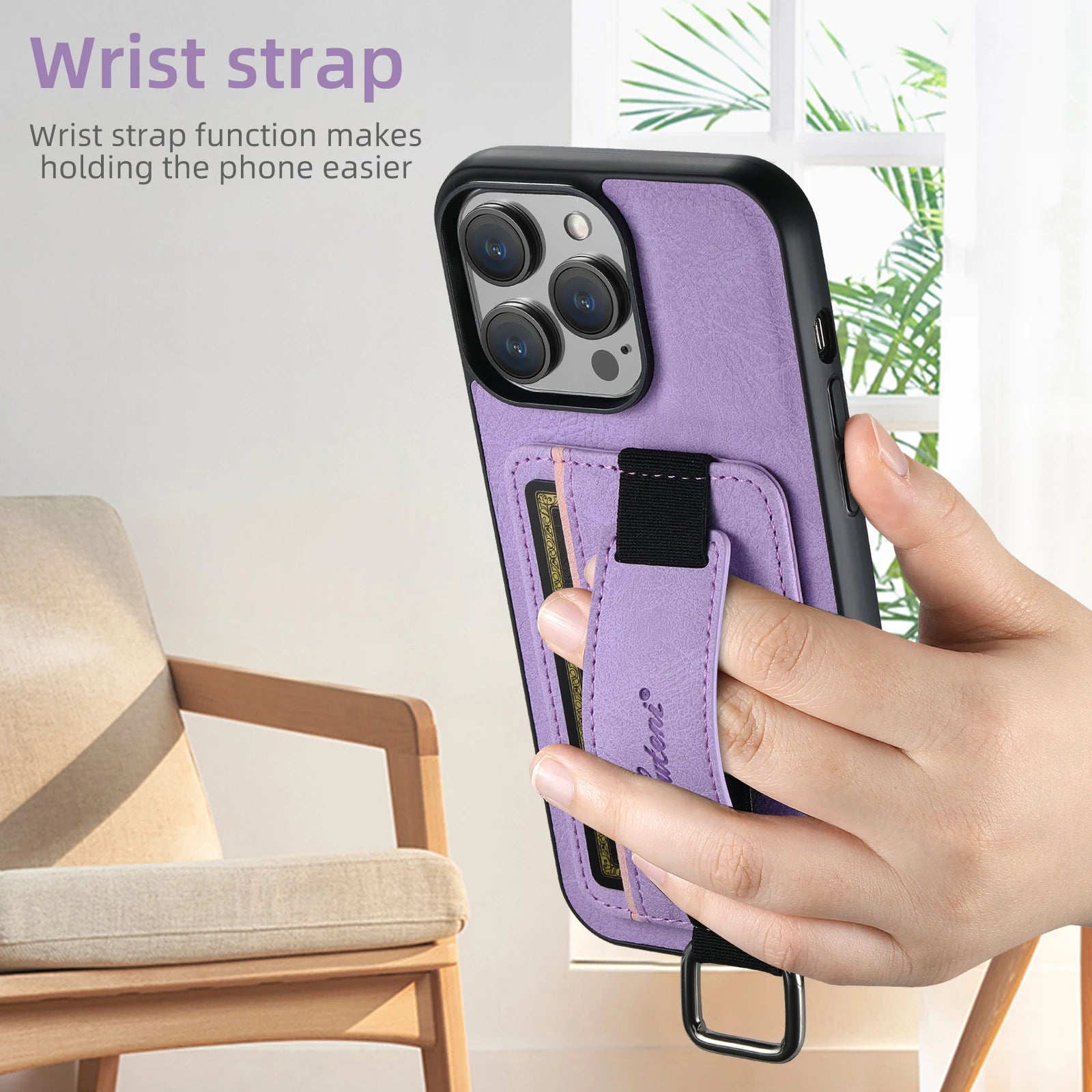 Luxury iPhone Leather Wallet Case with Card Holder — Wrist Strap Design, PU Leather Cover, Shockproof Full Body Protection, Stylish Storage Compartment