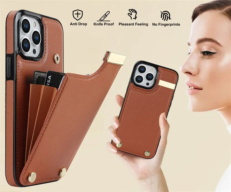 Luxury iPhone Leather Wallet Case with Card Holders — Kickstand Function, Full Body Protective Cover, Shockproof Design, Stylish and Functional Phone Case