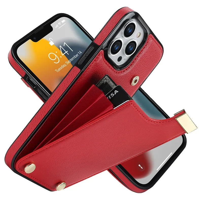 Luxury iPhone Leather Wallet Case with Card Holders — Kickstand Function, Full Body Protective Cover, Shockproof Design, Stylish and Functional Phone Case