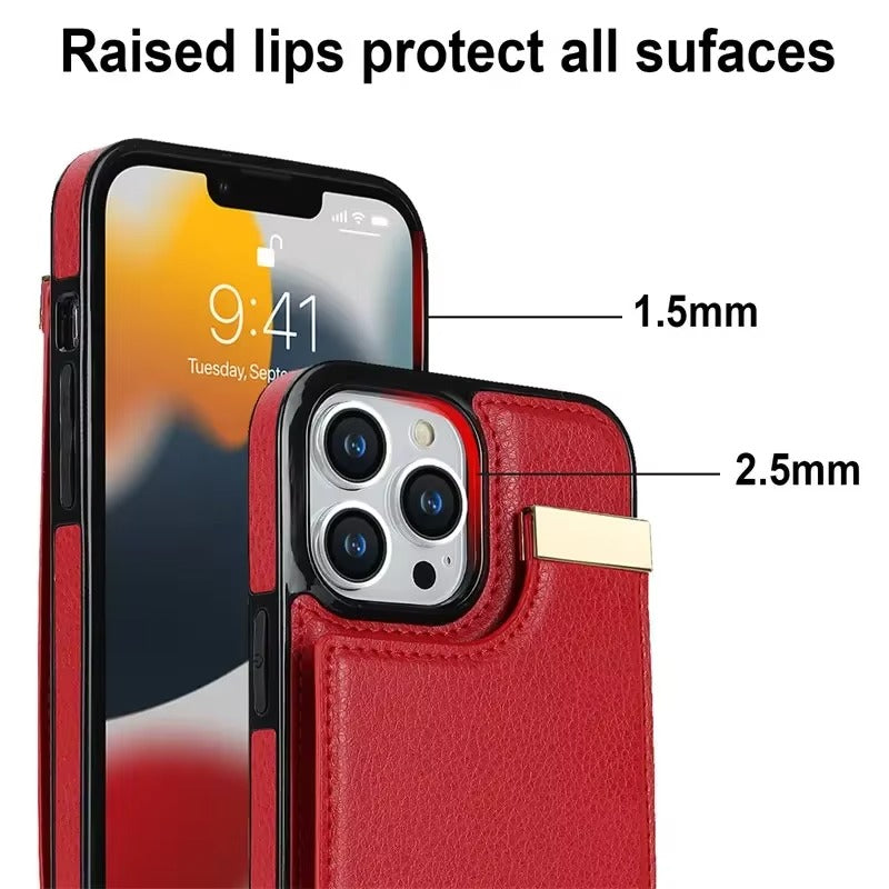 Luxury iPhone Leather Wallet Case with Card Holders — Kickstand Function, Full Body Protective Cover, Shockproof Design, Stylish and Functional Phone Case