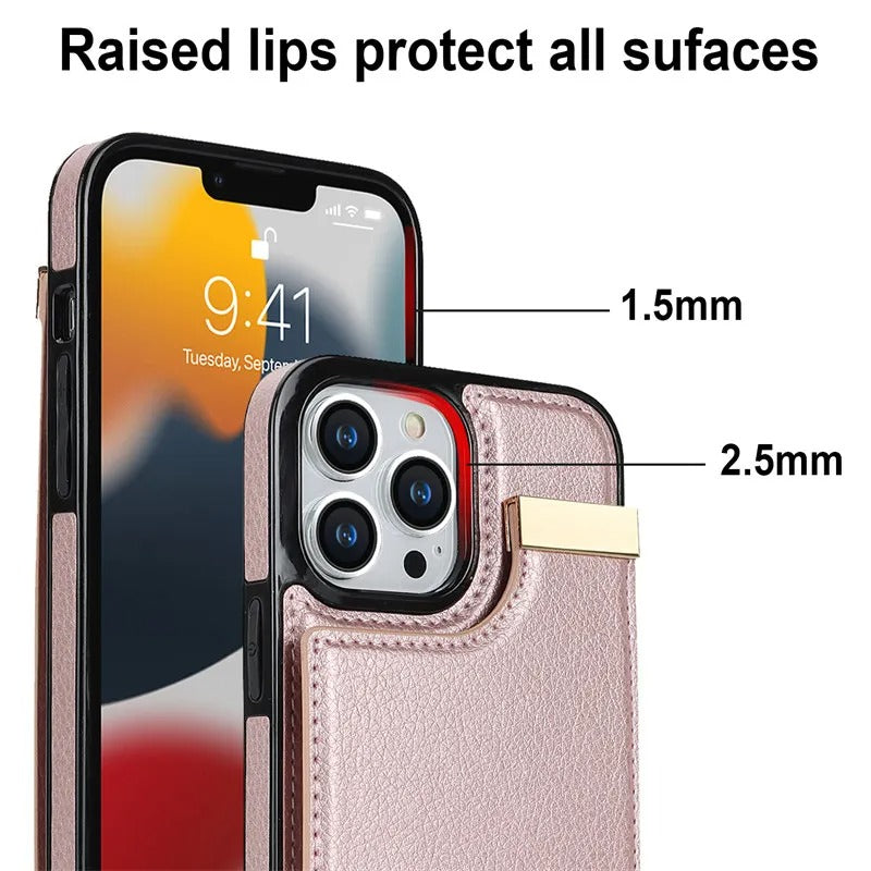 Luxury iPhone Leather Wallet Case with Card Holders — Kickstand Function, Full Body Protective Cover, Shockproof Design, Stylish and Functional Phone Case
