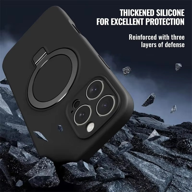 Luxury iPhone Liquid Silicone MagSafe Case — Magnetic Ring Holder Stand Cover, Shockproof Anti-Fingerprint Design, Wireless Charging Compatible Non-Slip Protection