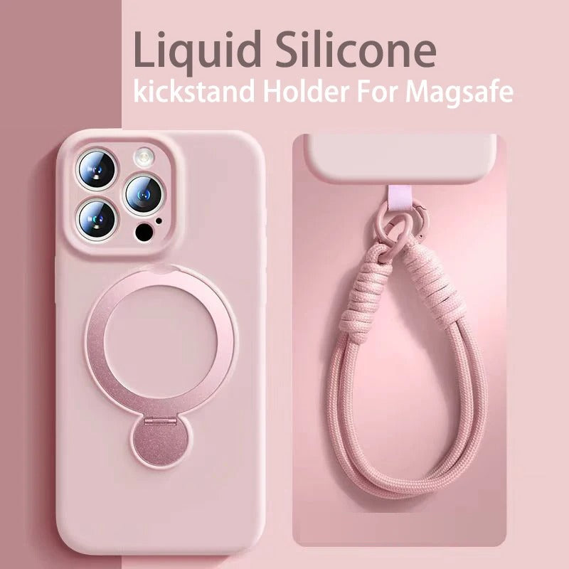 Luxury iPhone Liquid Silicone MagSafe Case — Magnetic Ring Holder Stand Cover, Shockproof Anti-Fingerprint Design, Wireless Charging Compatible Non-Slip Protection