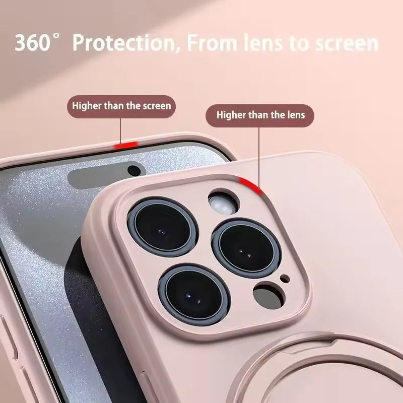 Luxury iPhone Liquid Silicone MagSafe Case — Magnetic Ring Holder Stand Cover, Shockproof Anti-Fingerprint Design, Wireless Charging Compatible Non-Slip Protection