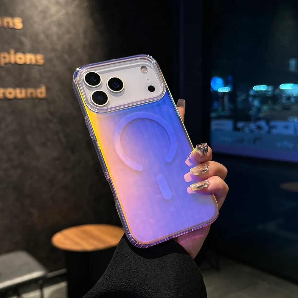 Luxury iPhone MagSafe Case Aurora Gradient Laser Design — Luggage Style Tough Cover, Shockproof Protective Finish for a Stylish Blue Look