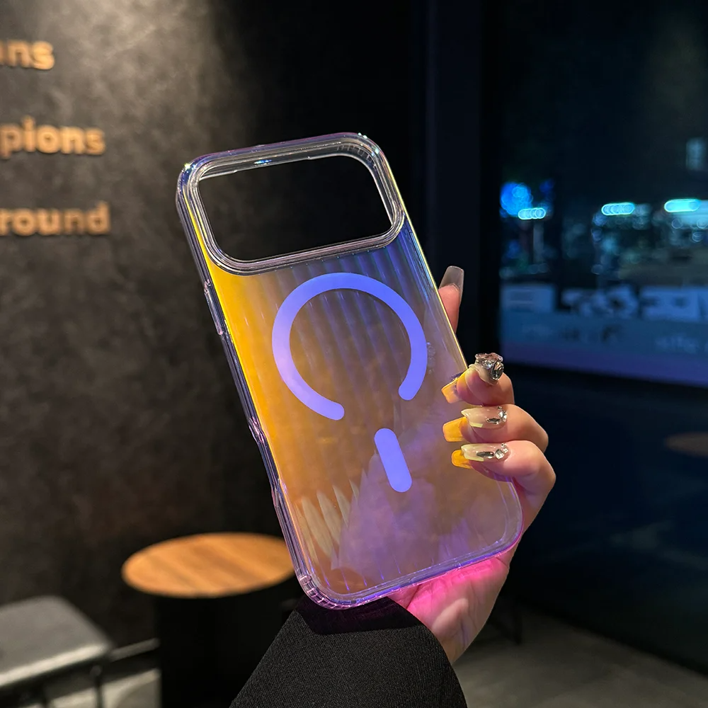 Luxury iPhone MagSafe Case Aurora Gradient Laser Design — Luggage Style Tough Cover, Shockproof Protective Finish for a Stylish Blue Look