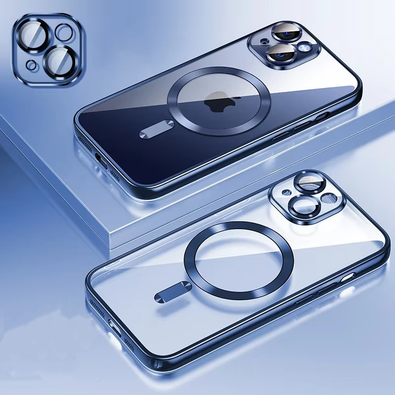 Luxury iPhone MagSafe Case Clear Plating Silicone Cover — Transparent Soft Design with Lens Film Protection, Slim Shockproof Anti-Fingerprint Non-Slip Finish