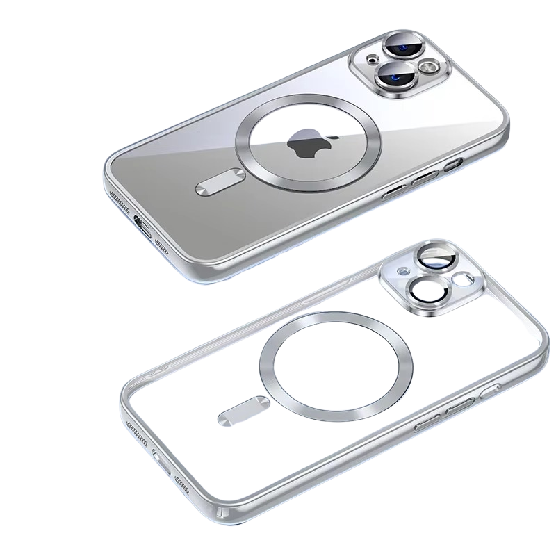 Luxury iPhone MagSafe Case Clear Plating Silicone Cover — Transparent Soft Design with Lens Film Protection, Slim Shockproof Anti-Fingerprint Non-Slip Finish