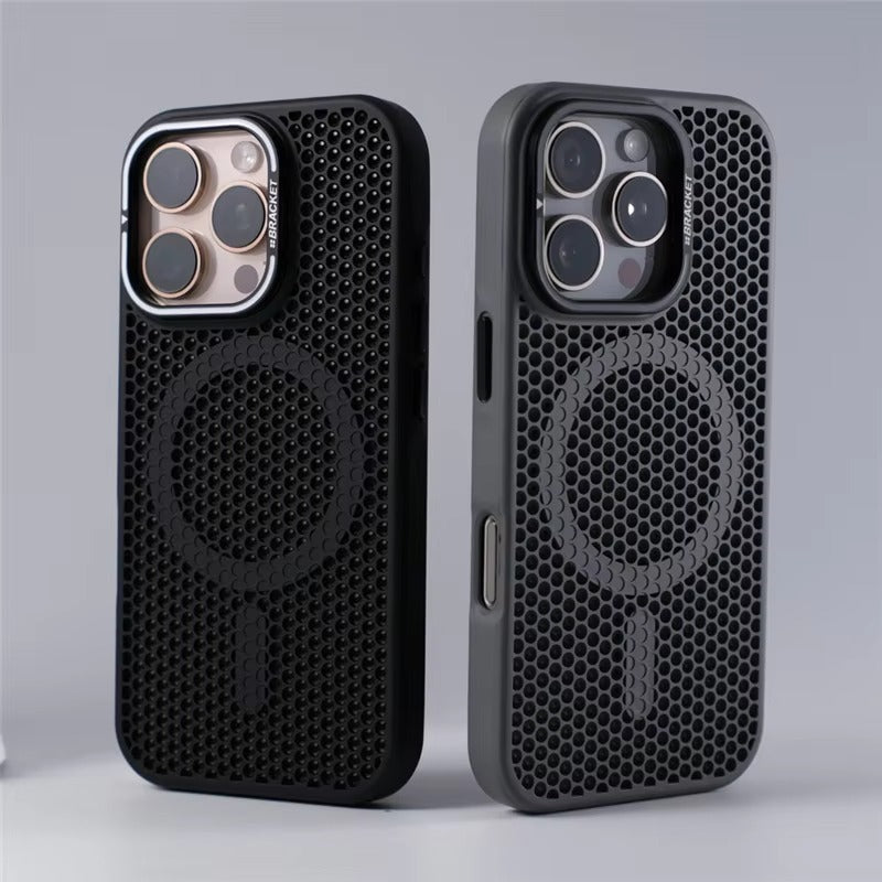 Luxury iPhone MagSafe Case Honeycomb Heat Dissipation — Matte Shockproof Cover with Lens Holder, Lightweight Anti-Fingerprint Scratch-Resistant Design