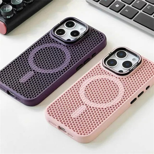 Luxury iPhone MagSafe Case Honeycomb Heat Dissipation — Matte Shockproof Cover with Lens Holder, Lightweight Anti-Fingerprint Scratch-Resistant Design