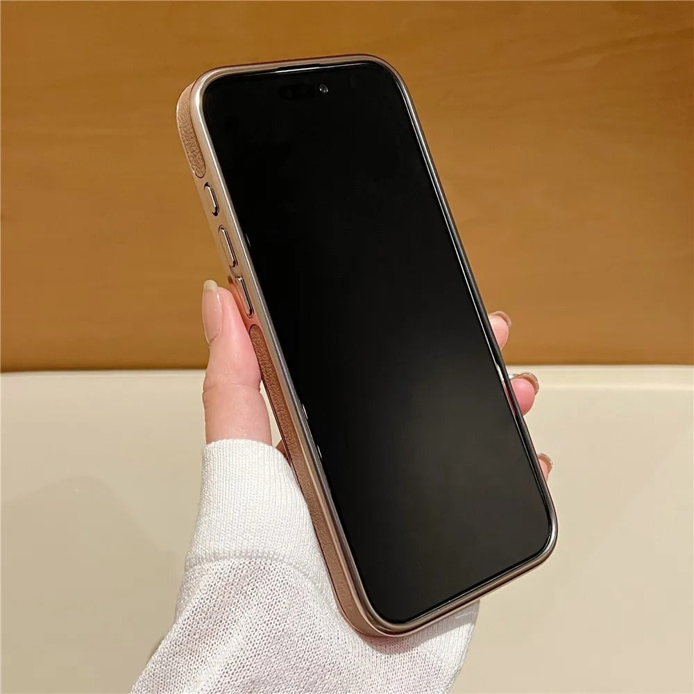 Luxury iPhone MagSafe Case Leather Matte Cover — Plating Frame Magnetic Wireless Charging, Business Style Shockproof Bumper Armor, Anti-Fingerprint Scratch-Resistant Design