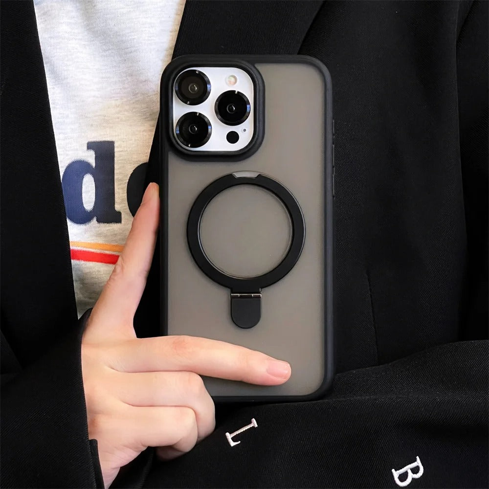 Luxury iPhone MagSafe Case Matte Design — Metal Ring Stand Holder with Lens Protector, Magnetic Wireless Charging, Shockproof Anti-Scratch Non-Slip Cover