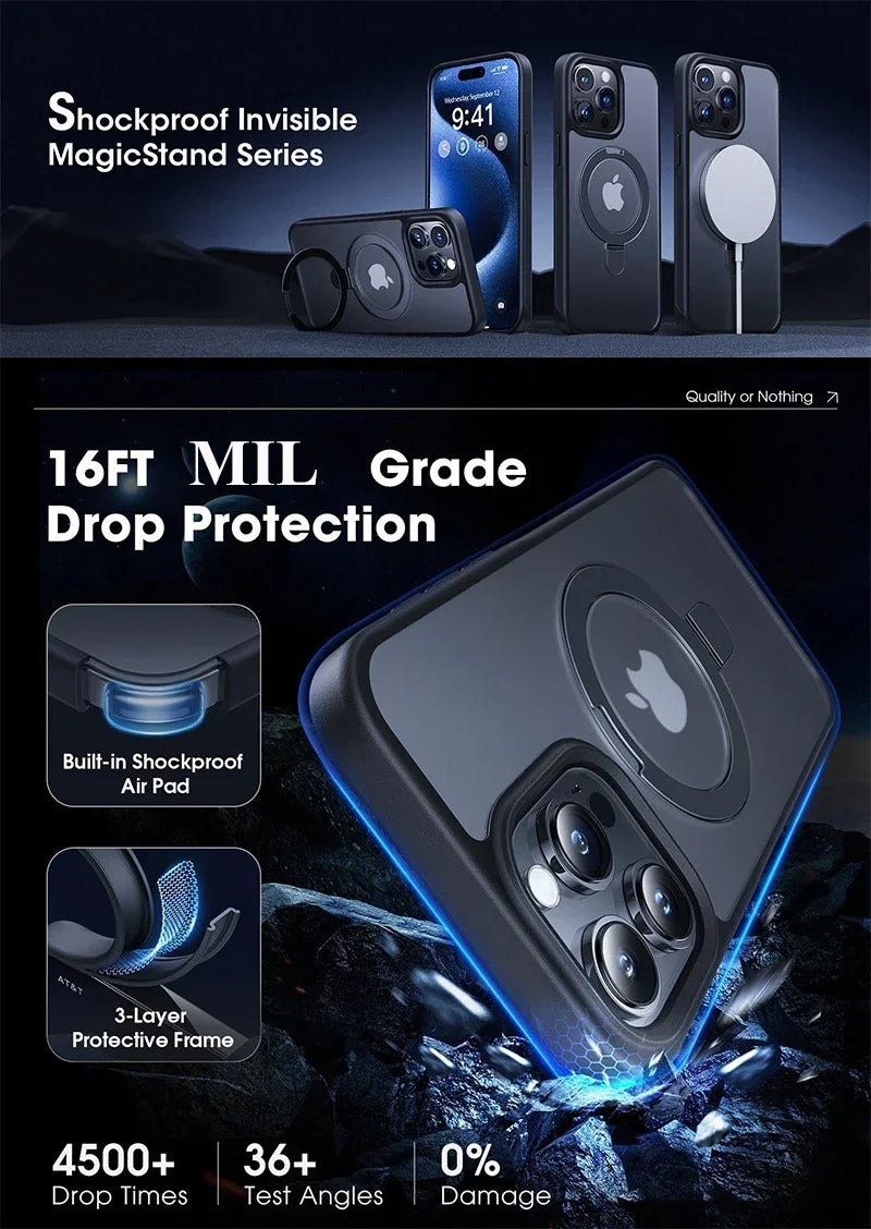 Luxury iPhone MagSafe Case Matte Design — Metal Ring Stand Holder with Lens Protector, Magnetic Wireless Charging, Shockproof Anti-Scratch Non-Slip Cover