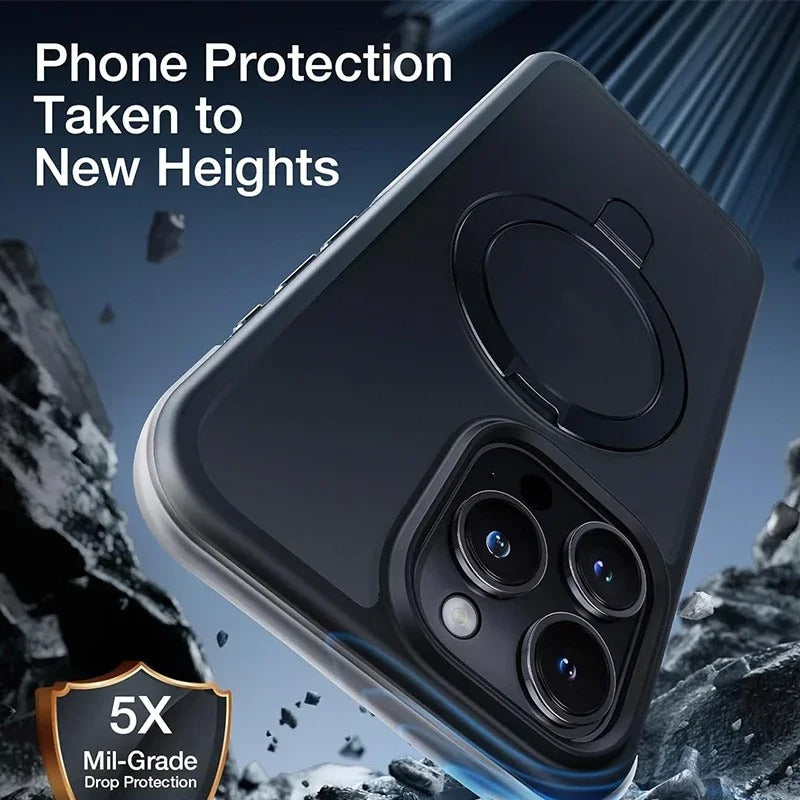 Luxury iPhone MagSafe Case Matte Design — Metal Ring Stand Holder with Lens Protector, Magnetic Wireless Charging, Shockproof Anti-Scratch Non-Slip Cover