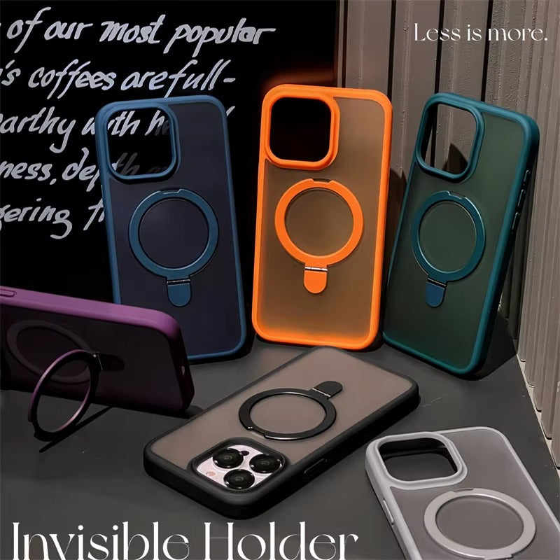 Luxury iPhone MagSafe Case Matte Design — Metal Ring Stand Holder with Lens Protector, Magnetic Wireless Charging, Shockproof Anti-Scratch Non-Slip Cover