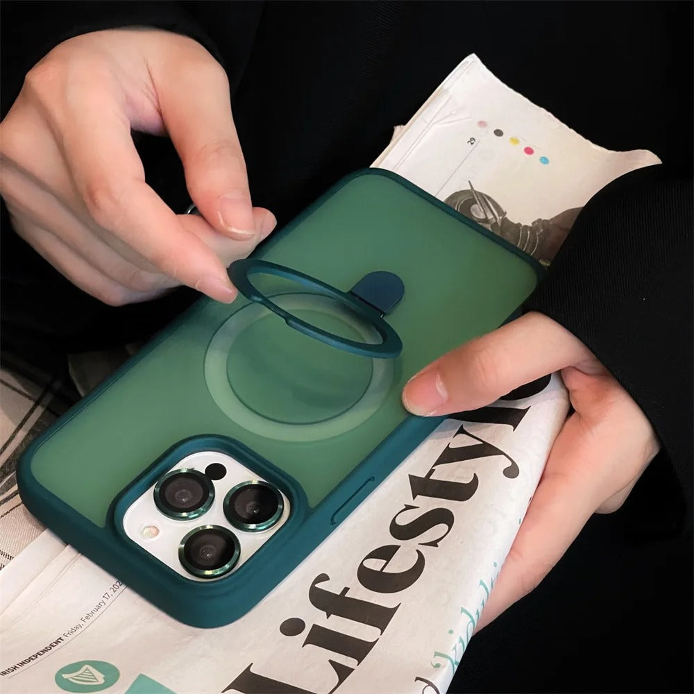 Luxury iPhone MagSafe Case Matte Design — Metal Ring Stand Holder with Lens Protector, Magnetic Wireless Charging, Shockproof Anti-Scratch Non-Slip Cover