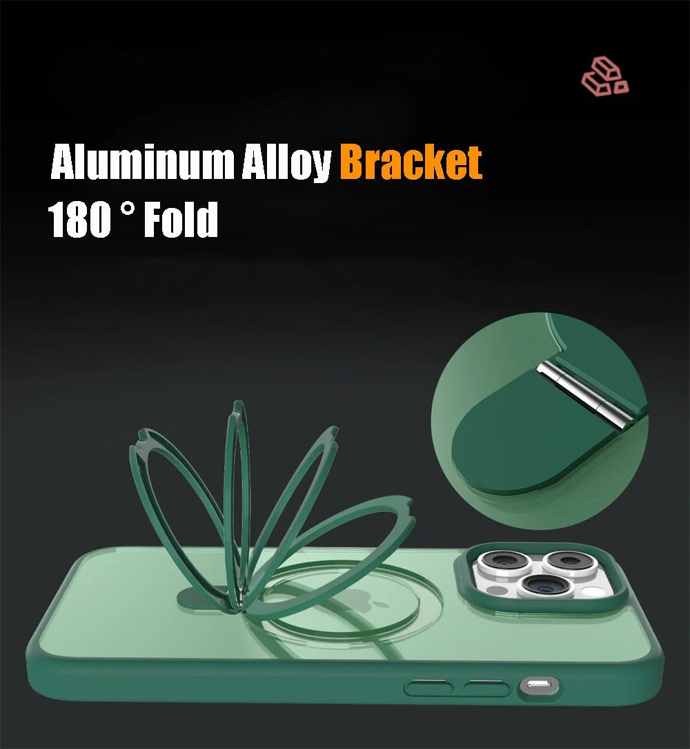 Luxury iPhone MagSafe Case Matte Design — Metal Ring Stand Holder with Lens Protector, Magnetic Wireless Charging, Shockproof Anti-Scratch Non-Slip Cover