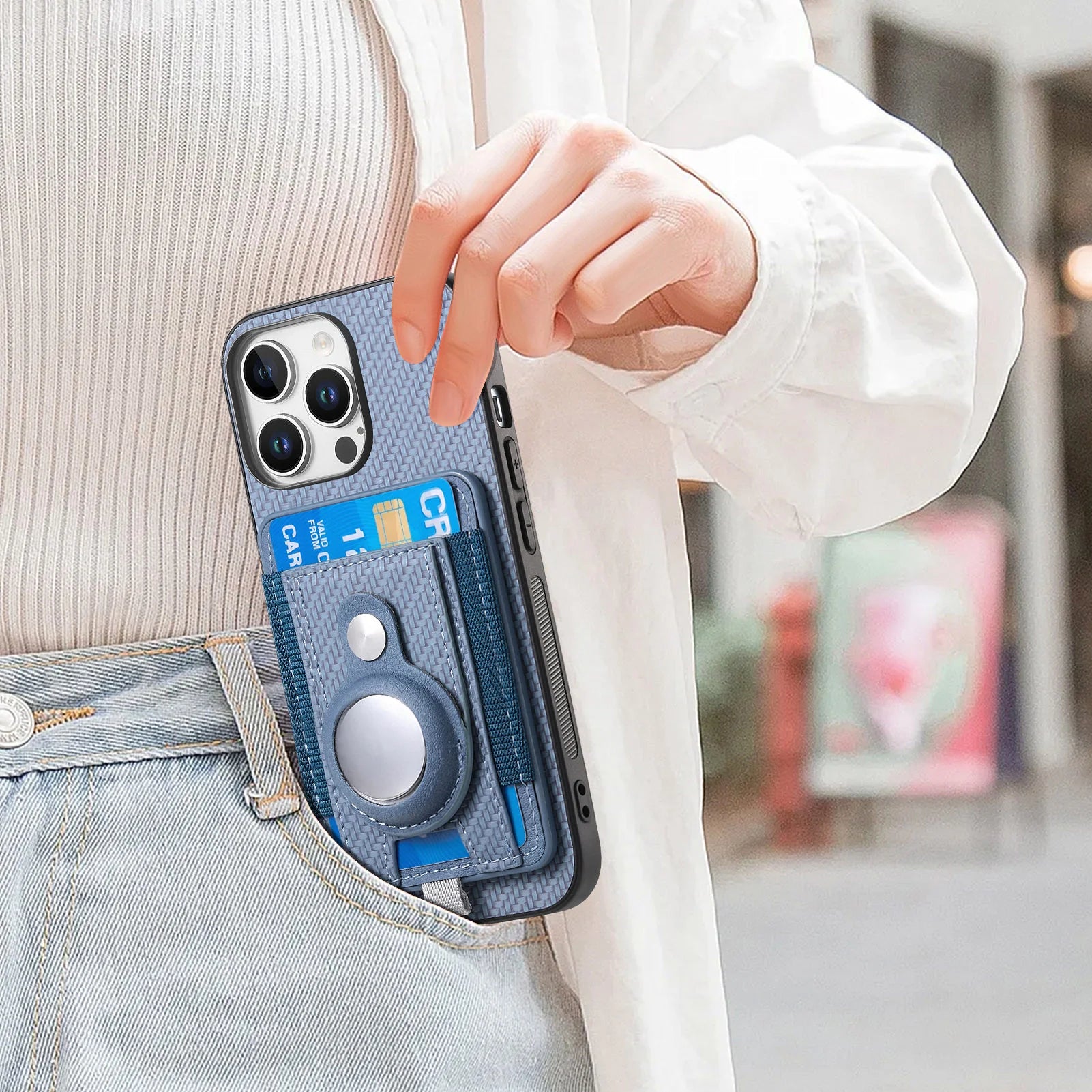 Luxury iPhone MagSafe Case with AirTag Card Holder — Magnetic Adsorption Wallet Cover, Slim PC+TPU Design, Anti-Scratch Dustproof Non-Slip Protection