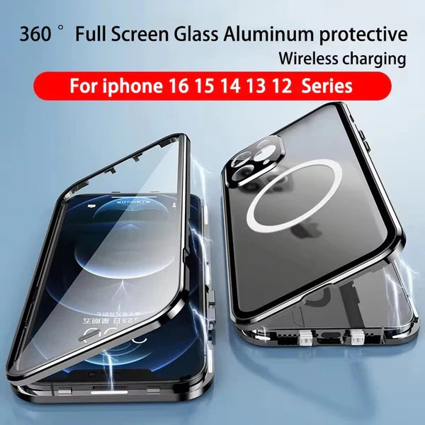 Luxury iPhone MagSafe Case with Double-Sided Glass — 360° Full Body Protection, HD Transparent Metal Alloy Frame, Magnetic Shockproof Anti-Fingerprint Cover