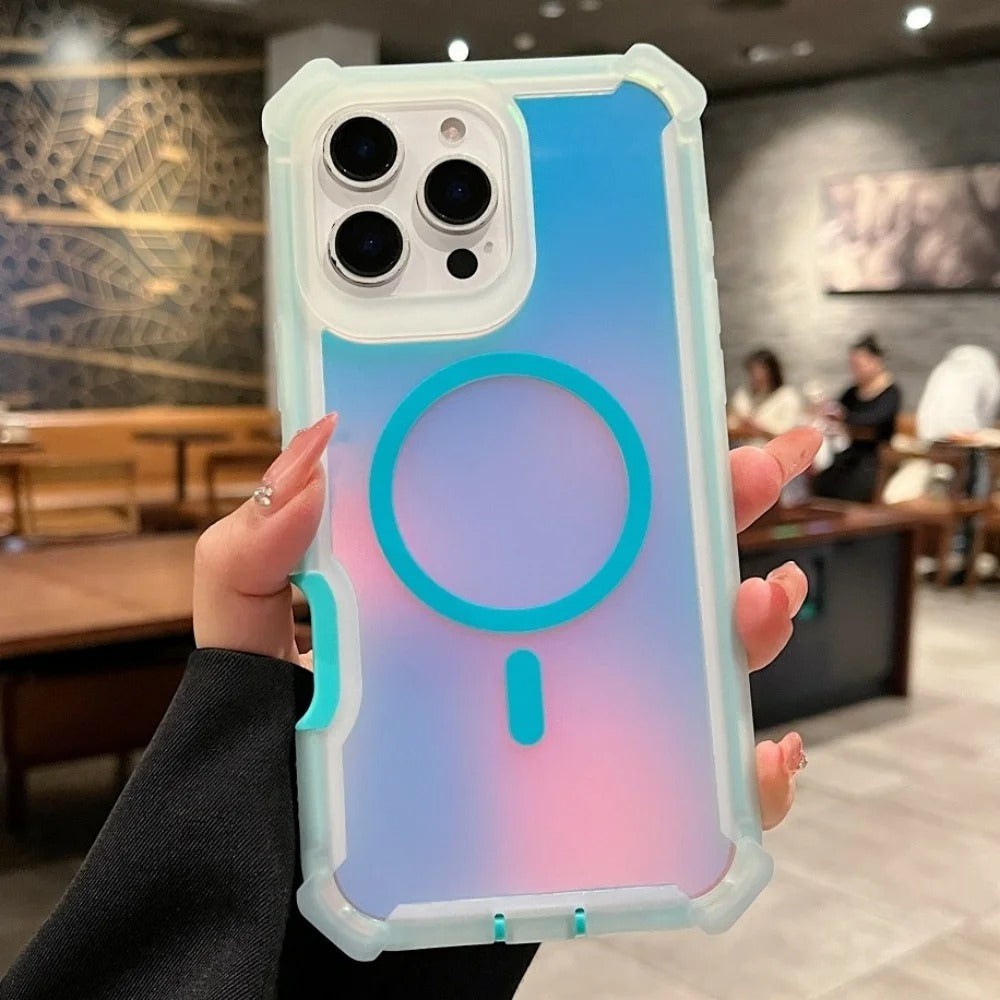 Luxury iPhone MagSafe Laser Armor Case — Color-Changing Dazzling Dual Layer Cover, Wireless Charging Compatible, Military Grade Shockproof Protection