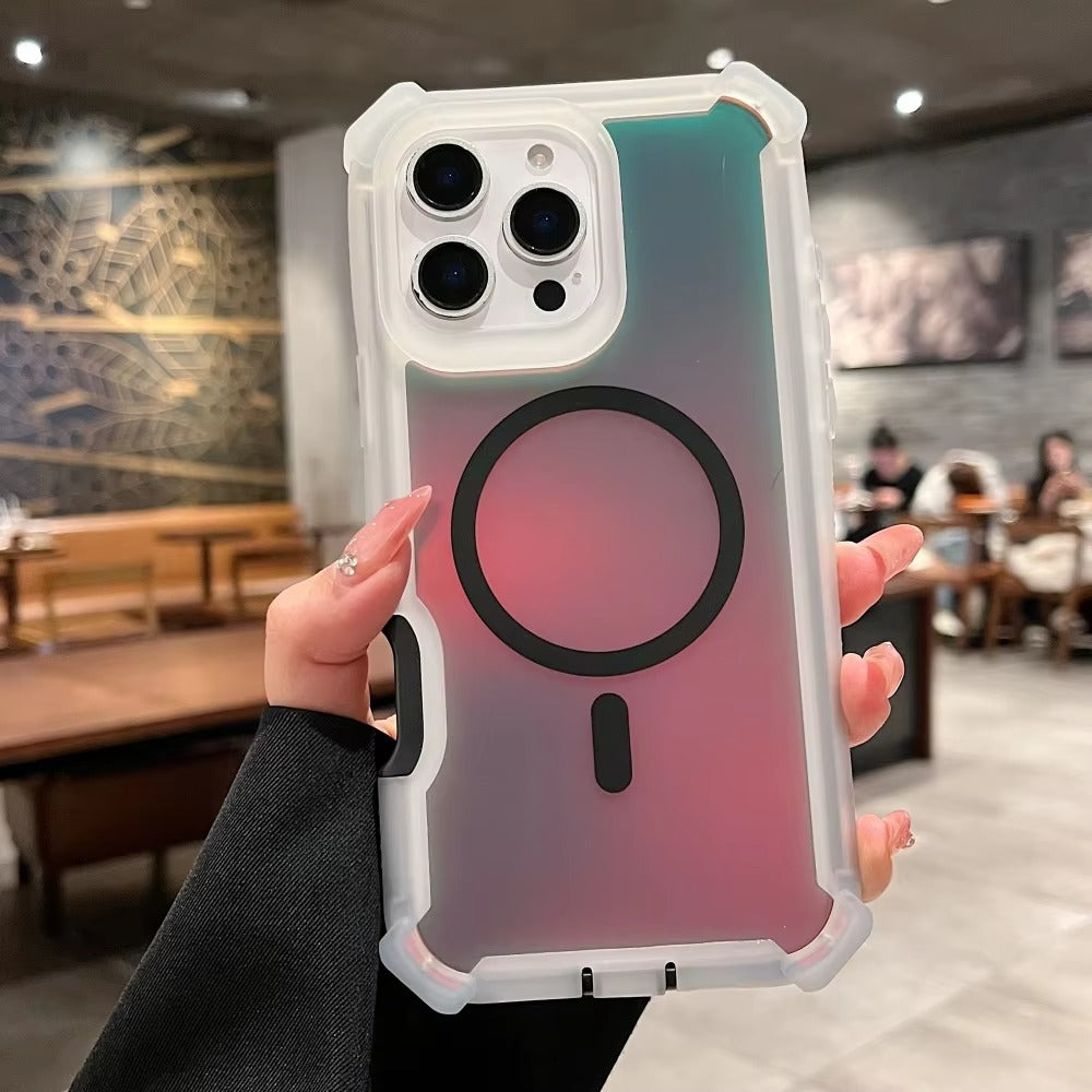 Luxury iPhone MagSafe Laser Armor Case — Color-Changing Dazzling Dual Layer Cover, Wireless Charging Compatible, Military Grade Shockproof Protection