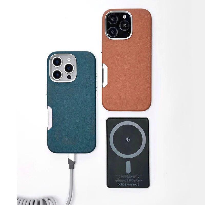 Luxury iPhone MagSafe Leather Case — Simple Solid Color Hard PC Cover, Wireless Charging Compatible, Alloy Lens Protection, Matte Anti-Fingerprint Finish